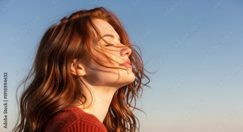Fototapeta premium Woman gazing upward with a sense of freedom against a clear sky backdrop.