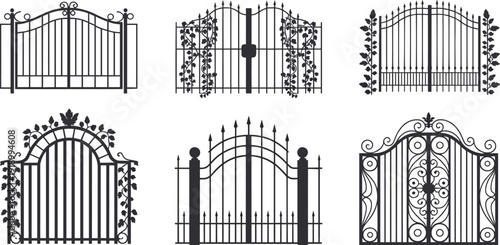 Ornamental Iron Gate Silhouettes Set Showing Decorative Garden, Estate, and Fence Entrance Designs with Vintage and Classic Metalwork Style