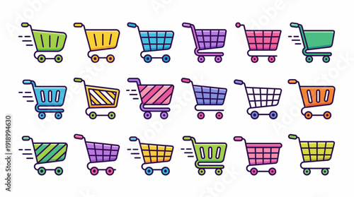 Shopping Cart Icons Vector – Stylized Colorful Trolley Designs in Motion for E-Commerce, Retail, Checkout, and Online Store Design Projects