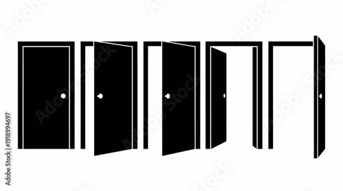 Door Opening Stages Vector – Stylized Icons of Closed, Partially Open, and Fully Open Doors for Opportunity, Choice, Transition, and Interior Design Projects