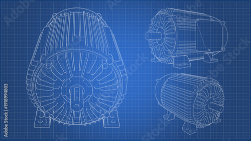 Cuadro en lienzo Drawing three phase Electric Motor - blueprint
