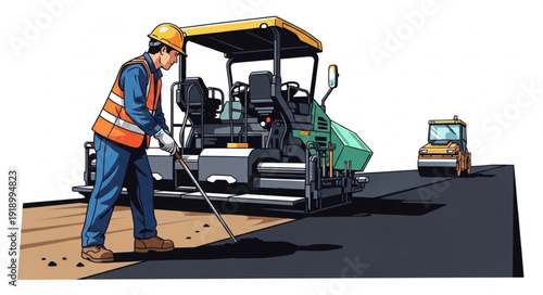 Road Worker Operating Paver Machine.