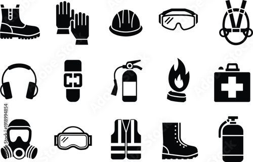 Personal Protective Equipment Silhouette Icon Set Isolated on White Background, Industrial Safety Gear Symbols for Construction, Workplace Protection, and Emergency Response