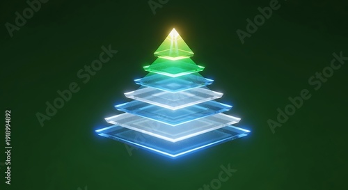 Abstract glowing neon Christmas tree shape floats against a dark green background.