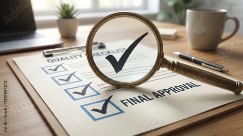 Document Verification Concept with Magnifying Glass and Check Mark for Business Compliance and Approval, document verification, approval concept, compliance concept, business rules, company policy.