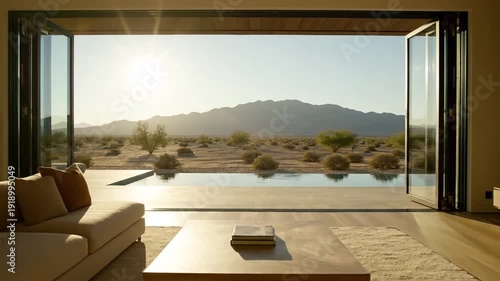 Open door desert view with luxury living.