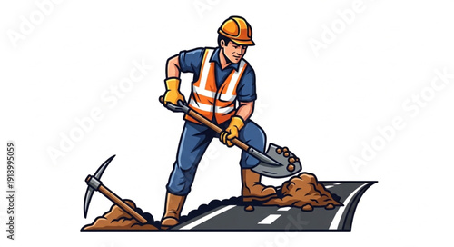 Road Worker Repairing Asphalt Road.