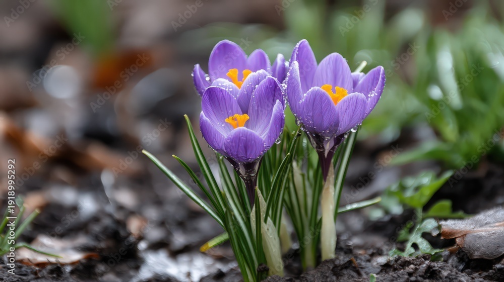 Fototapeta premium Delicate Purple Crocus Flowers Blooming in a Fresh Spring Garden with Green Leaves and Rich Soil