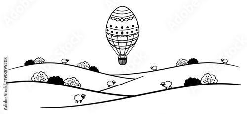 Minimalist landscape with sheep on hills and a hot air balloon with an egg pattern
