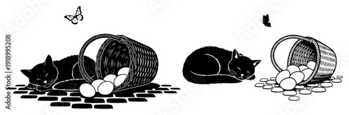 Black silhouette of a peaceful cat sleeping near a spilled basket of Easter eggs with butterflies