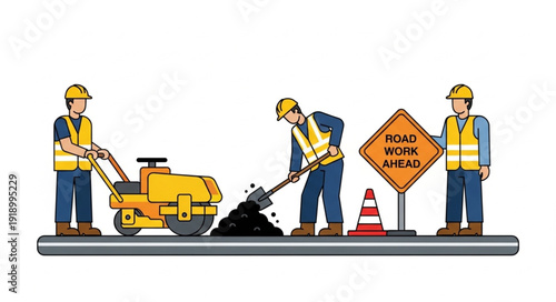 Road Workers Repairing Asphalt Surface.