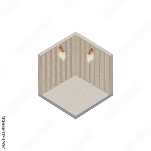 Minimalist Isometric Empty Room with Wooden Walls and Wall Lamps - 3D Illustration
