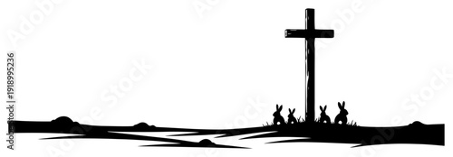 Minimalist silhouette of a Christian cross on a hill with three small rabbits in a landscape