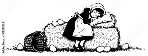 Silhouette of a small girl sleeping peacefully on a large hay bale with an Easter basket