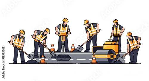 Road Workers Repairing Asphalt Surface.