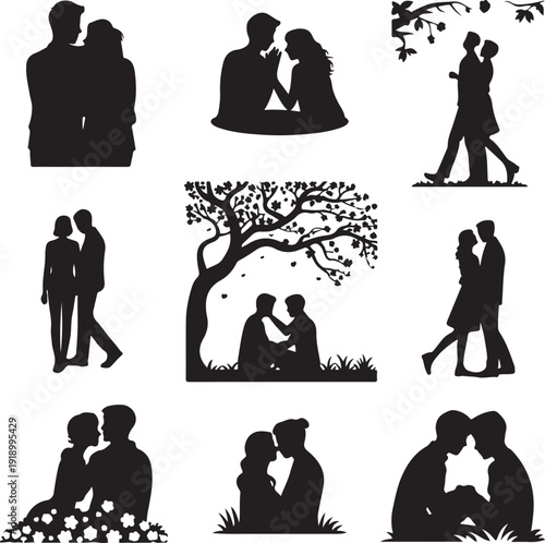 black silhouettes of couples kissing and hugging each other in various romantic poses