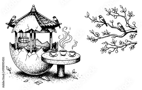 Surreal miniature eggshell house with tea table and cherry blossoms in vintage engraving style