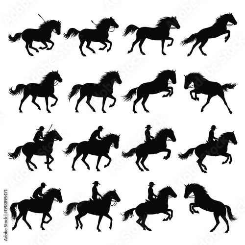 Silhouette illustrations of horses in various stances and riders in motion