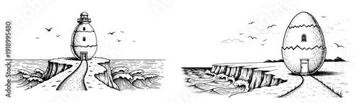 Surreal eggshell lighthouse and cliff house by the sea in vintage engraving style
