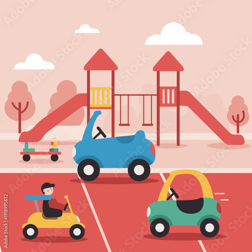 A colorful illustration of children playing with toy cars on a track at a playground with slides and swings in the background.