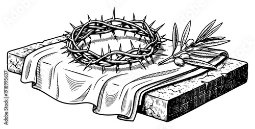 Woodcut illustration of the crown of thorns with an olive branch on a stone altar for Good Friday