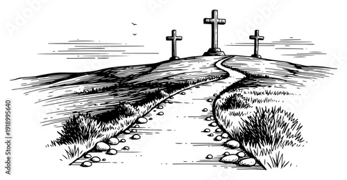 Hand drawn engraving of the three crosses on calvary hill with a winding path and landscape