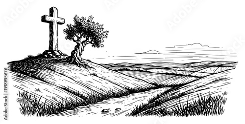 Christian cross and olive tree on a hill overlooking rolling fields in vintage engraving style