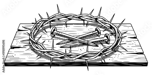 Crown of thorns and metal nails on a wooden surface in hand drawn engraving style
