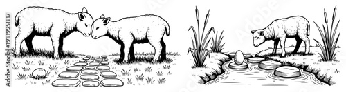 Hand drawn illustration of young lambs by a stone path and a stream with an egg