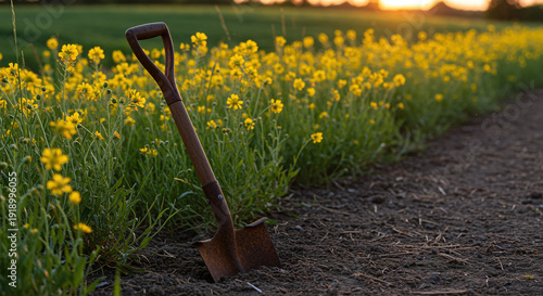 Shovel in Field of Yellow Flowers at Golden Hour for Gardening Content
