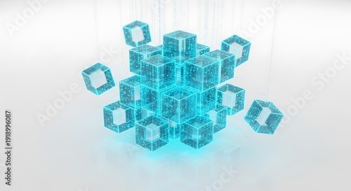 Glowing blue digital cubes assemble into a complex geometric structure against a white background.