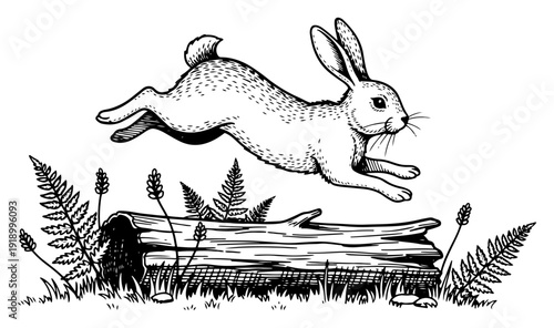 Wild rabbit jumping over a log in the meadow in vintage engraving style