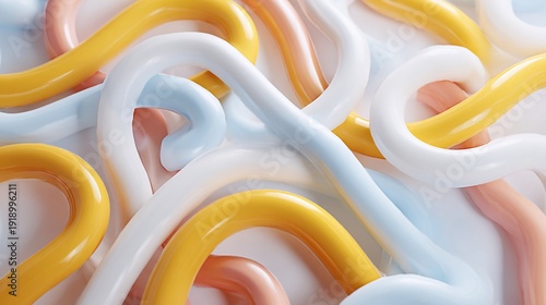 Soft, curved, glossy shapes in pastel colors, intertwined against a white backdrop