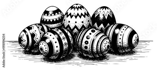 Vintage engraving style illustration of a pile of highly decorated easter eggs with complex patterns