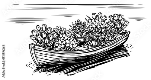 Woodcut illustration of a wooden boat filled with spring flowers floating on calm water
