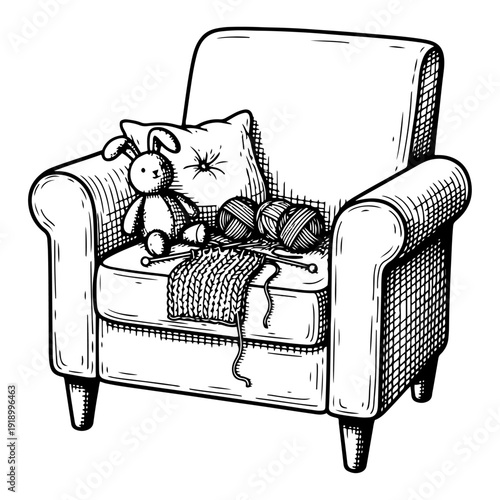 Hand drawn vintage illustration of a cozy armchair with a plush bunny and knitting materials