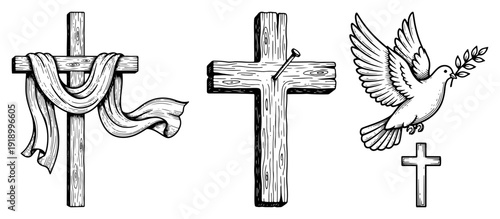 Vintage hand drawn christian symbols set with wooden crosses and a peace dove carrying an olive branch