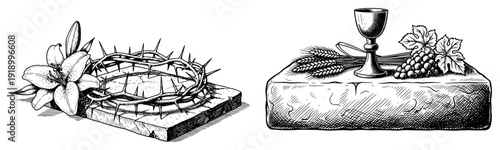 Christian religious symbols including crown of thorns lily chalice grapes and wheat in vintage engraving style