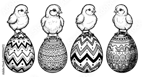 Hand drawn set of cute baby chicks standing on patterned decorative easter eggs in vintage engraving style