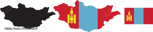 Mongolia map graphic with national flag vertical bands and Soyombo symbol