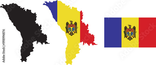 Moldova country map graphic featuring official flag tricolor and coat of arms