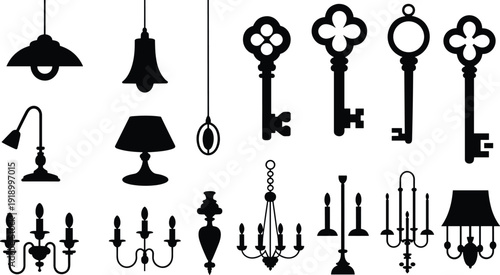 Vintage Lighting and Key Silhouette Set Featuring Lamps, Chandeliers and Antique Keys, Black Decorative Icons for Interior Design and Classic Style Concepts
