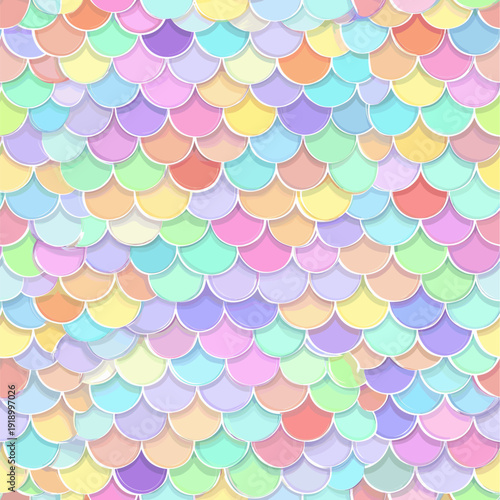 Pastel rainbow mermaid scales seamless pattern background. Cute iridescent texture creating a dreamy fantasy wallpaper for packaging