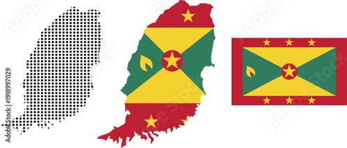 Grenada map filled with national flag colors Caribbean country identity graphic