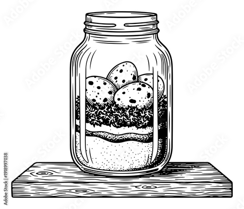Vintage hand drawn illustration of speckled bird eggs in a glass mason jar on a wooden surface