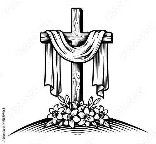 Woodcut illustration of a christian cross with white shroud and lilies on a hill for easter
