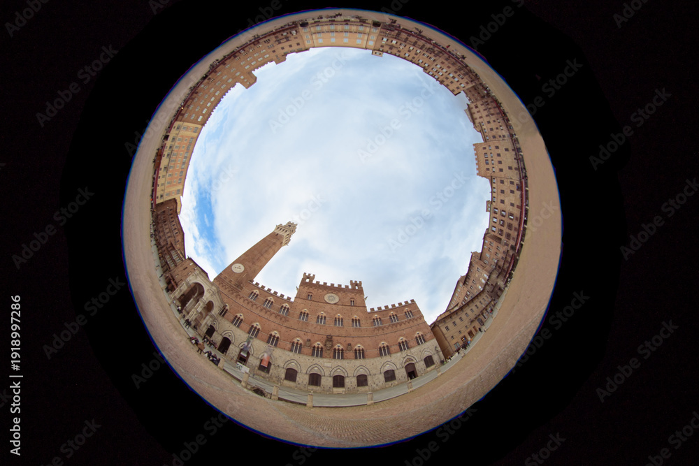 Naklejka premium Italy Tuscany Siena Piazza del Campo and the Mangia Tower, 360° circular photo