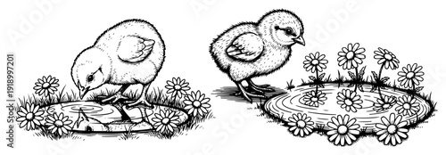 Vintage style hand drawn illustration of baby chicks looking into small ponds with daisies