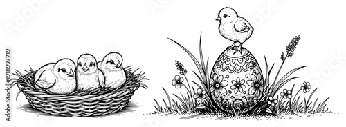 Baby chicks in a nest and on a decorated Easter egg in vintage line art style