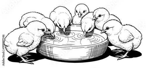 Detailed vintage engraving style illustration of a group of baby chicks drinking water from a bowl